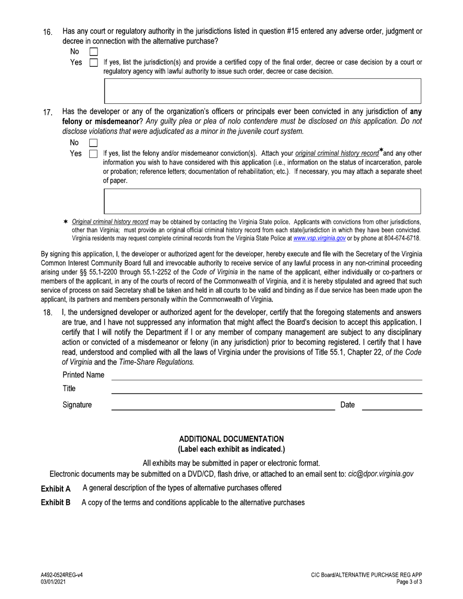 Form A492-0524REG Alternative Purchase Registration Application - Virginia, Page 3