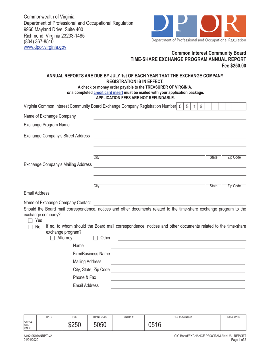 Form A492-0516ANRPT Time-Share Exchange Program Annual Report - Virginia, Page 1