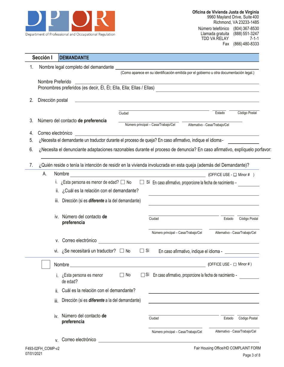 Formulario F493-02FH-COMP Formulario De Queja De Discriminacion De Vivienda De Virginia - Virginia (Spanish), Page 3