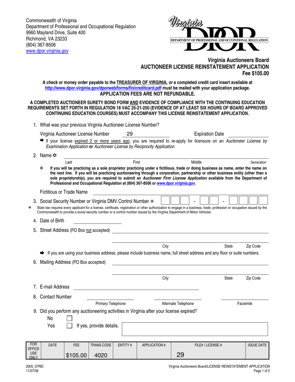 Form 2905_07REI Auctioneer License Reinstatement Application - Virginia, Page 1