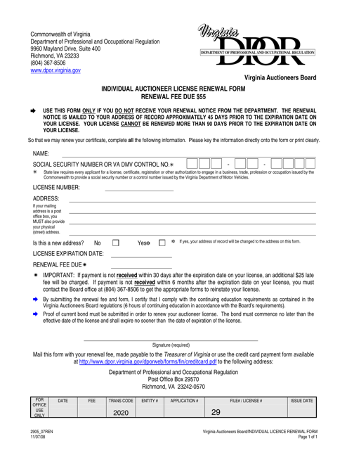 Form 2905_07REN Individual Auctioneer License Renewal Form - Virginia