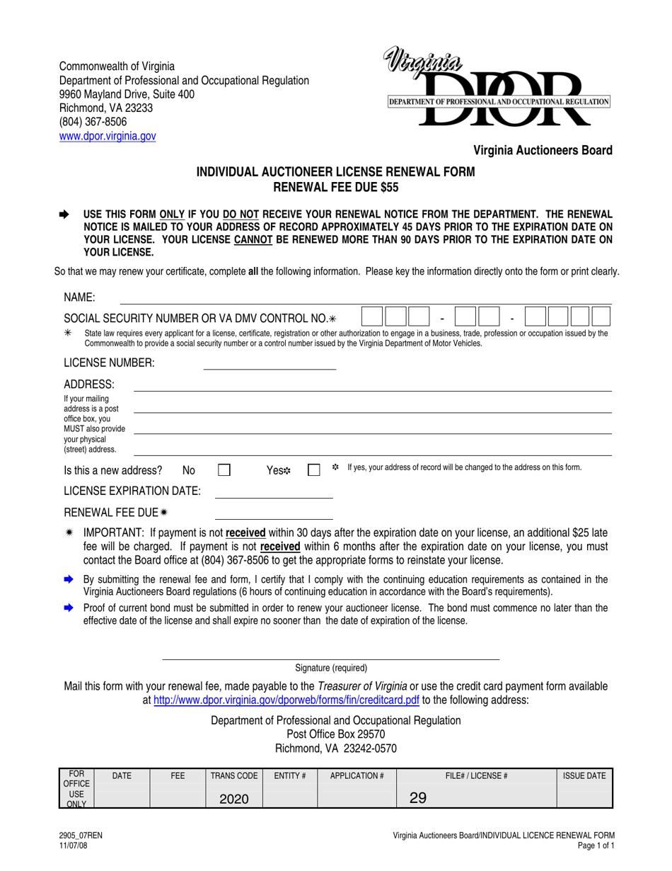 Form 2905_07REN Individual Auctioneer License Renewal Form - Virginia, Page 1