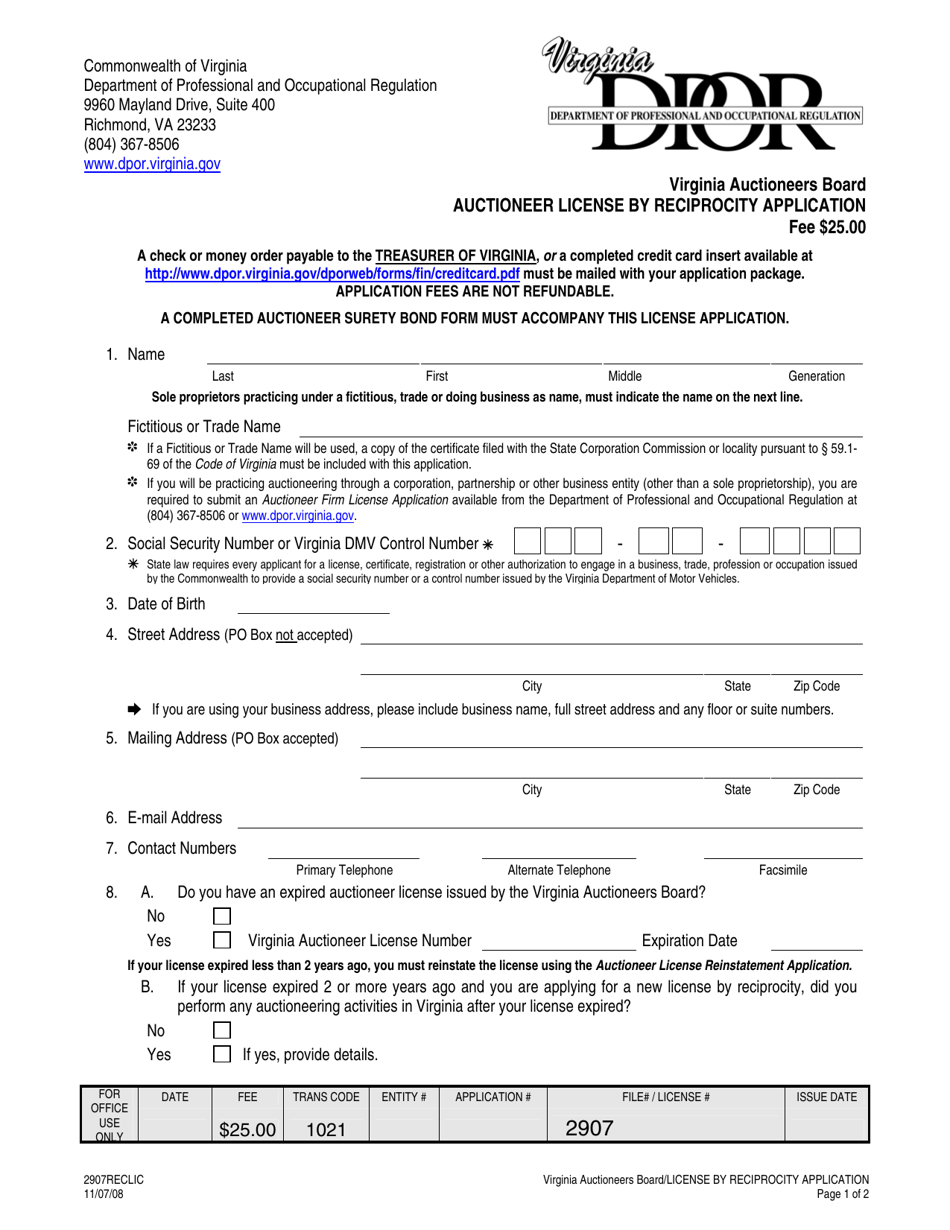 Form 2907RECLIC Auctioneer License by Reciprocity Application - Virginia, Page 1
