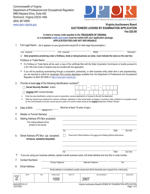 Form A429-2907LIC Auctioneer License by Examination Application - Virginia