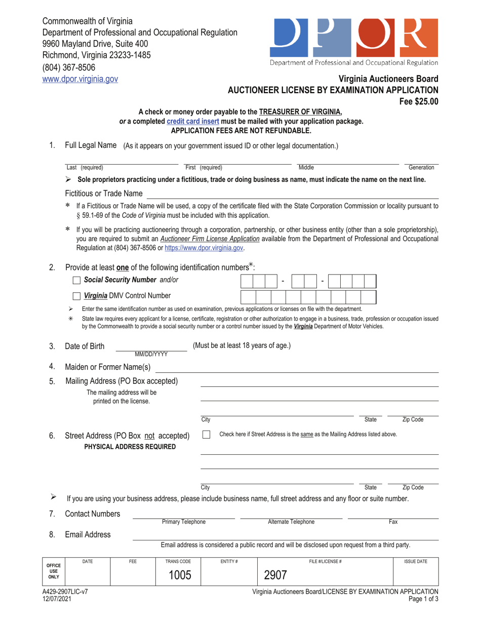 Form A429-2907LIC Auctioneer License by Examination Application - Virginia, Page 1