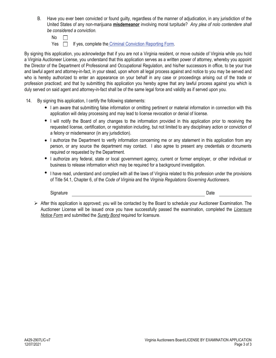 Form A429-2907LIC Auctioneer License by Examination Application - Virginia, Page 3