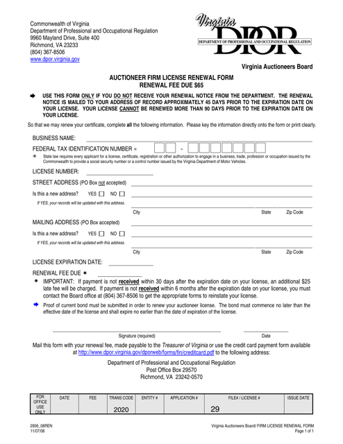 Form 2906_08REN Auctioneer Firm License Renewal Form - Virginia