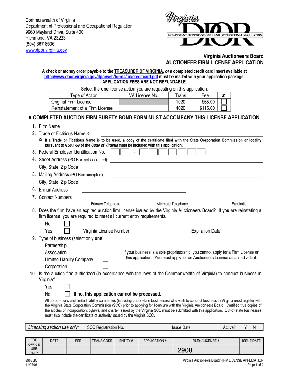 Form 2908LIC Auctioneer Firm License Application - Virginia, Page 1
