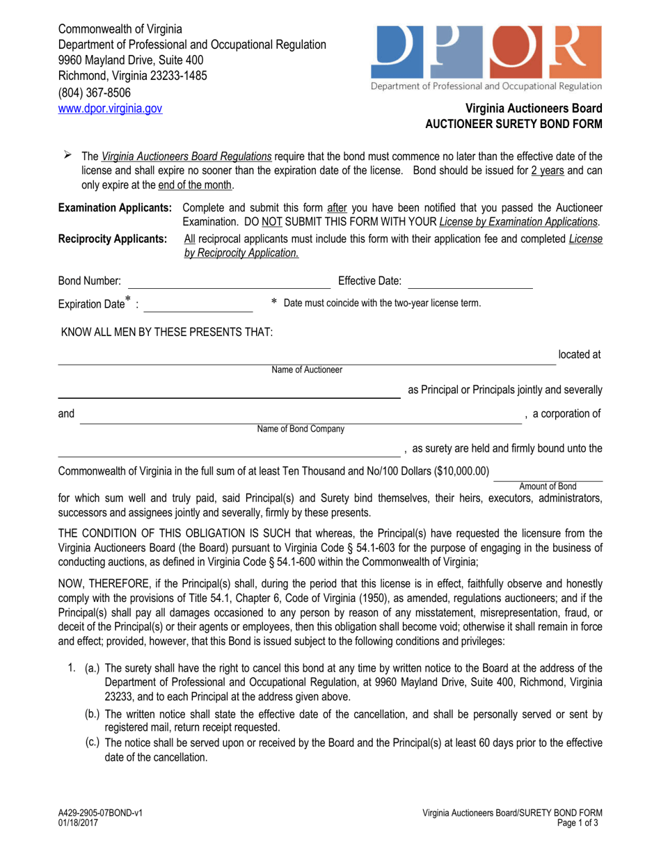 Form A429-2905-07BOND Auctioneer Surety Bond Form - Virginia, Page 1