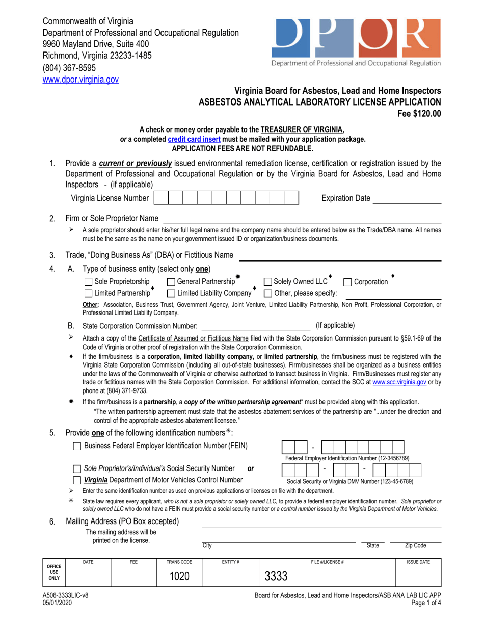 Form A506-3333LIC Asbestos Analytical Laboratory License Application - Virginia, Page 1