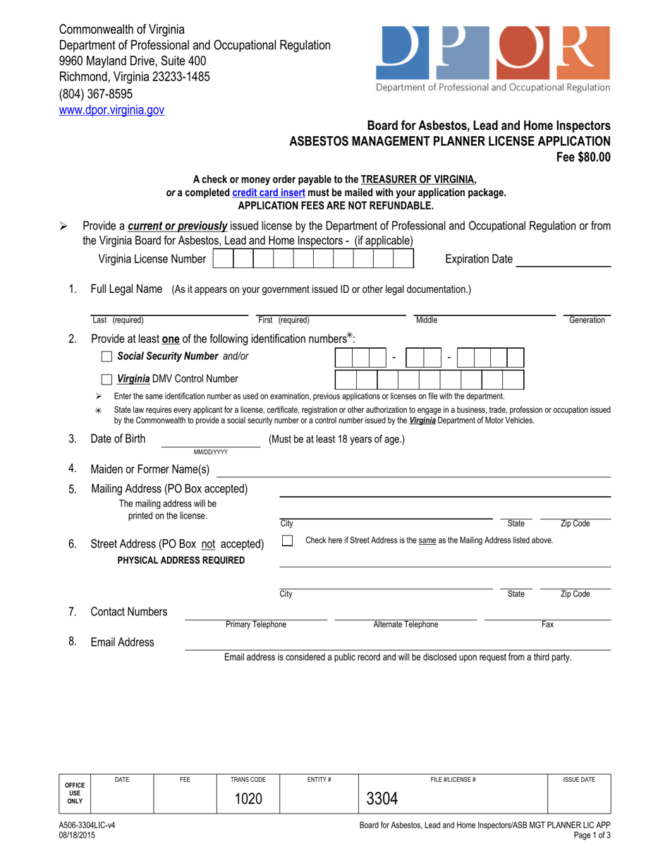 Form A506-3304LIC Asbestos Management Planner License Application - Virginia, Page 1