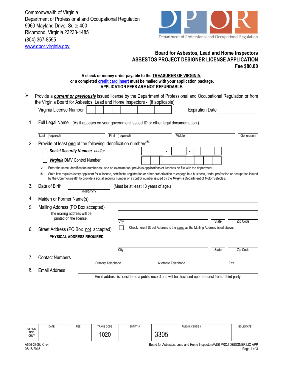 Form A506-3305LIC Asbestos Project Designer License Application - Virginia, Page 1