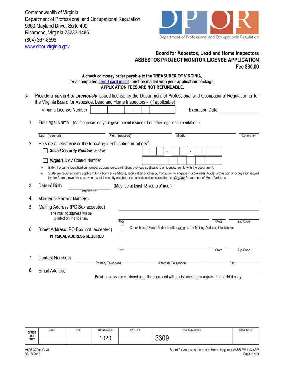 Form A506-3309LIC Asbestos Project Monitor License Application - Virginia, Page 1
