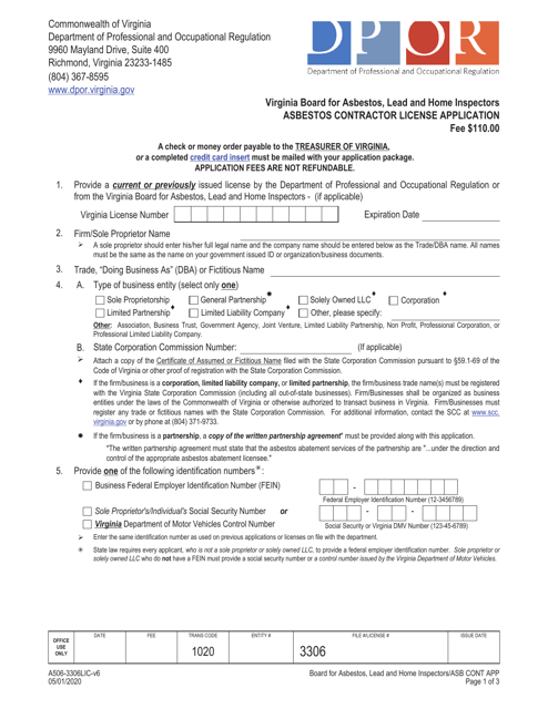 Form A506-3306LIC Asbestos Contractor License Application - Virginia