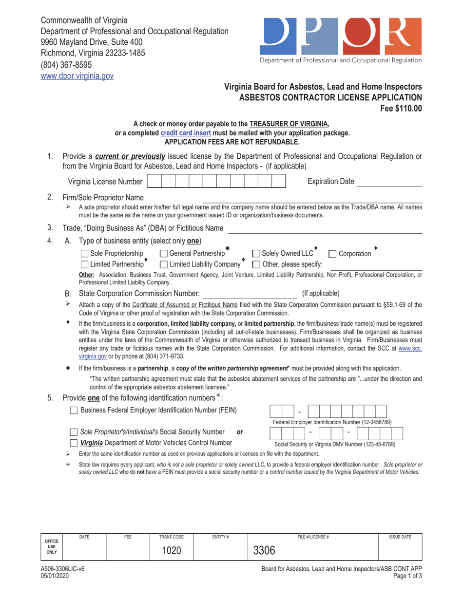 Form A506-3306LIC Asbestos Contractor License Application - Virginia, Page 1