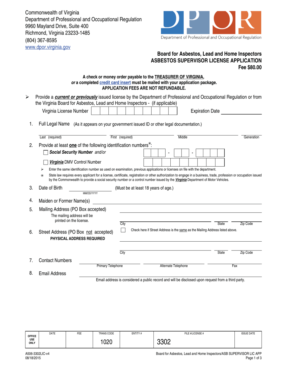 Form A506-3302LIC Asbestos Supervisor License Application - Virginia, Page 1