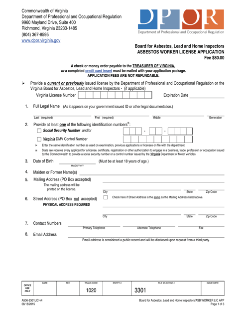 Form A506-3301LIC Asbestos Worker License Application - Virginia