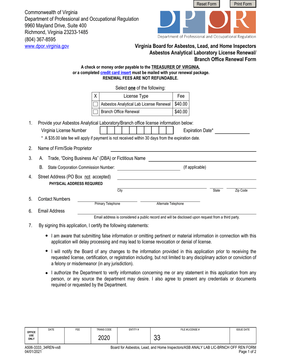 Form A506-3333_34REN Asbestos Analytical Laboratory License Renewal / Branch Office Renewal Form - Virginia, Page 1