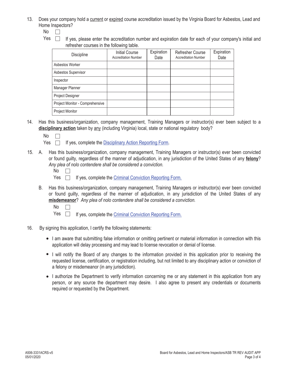 Form A506-3331ACRS Asbestos Training Program Review and Audit Application - Virginia, Page 3