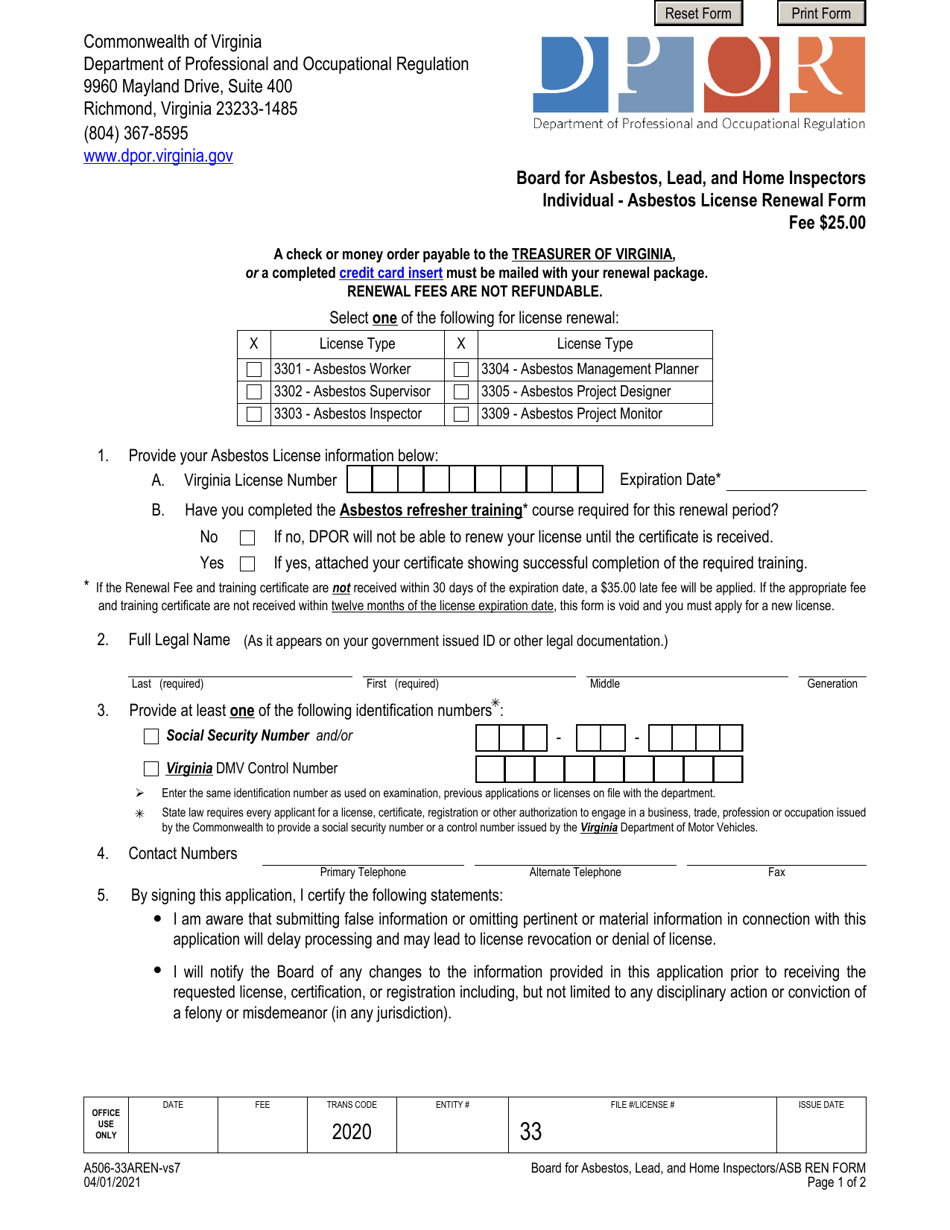 Form A506-33AREN Individual - Asbestos License Renewal Form - Virginia, Page 1