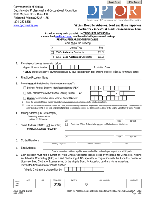 Form A506-33CONREN Contractor - Asbestos & Lead License Renewal Form - Virginia