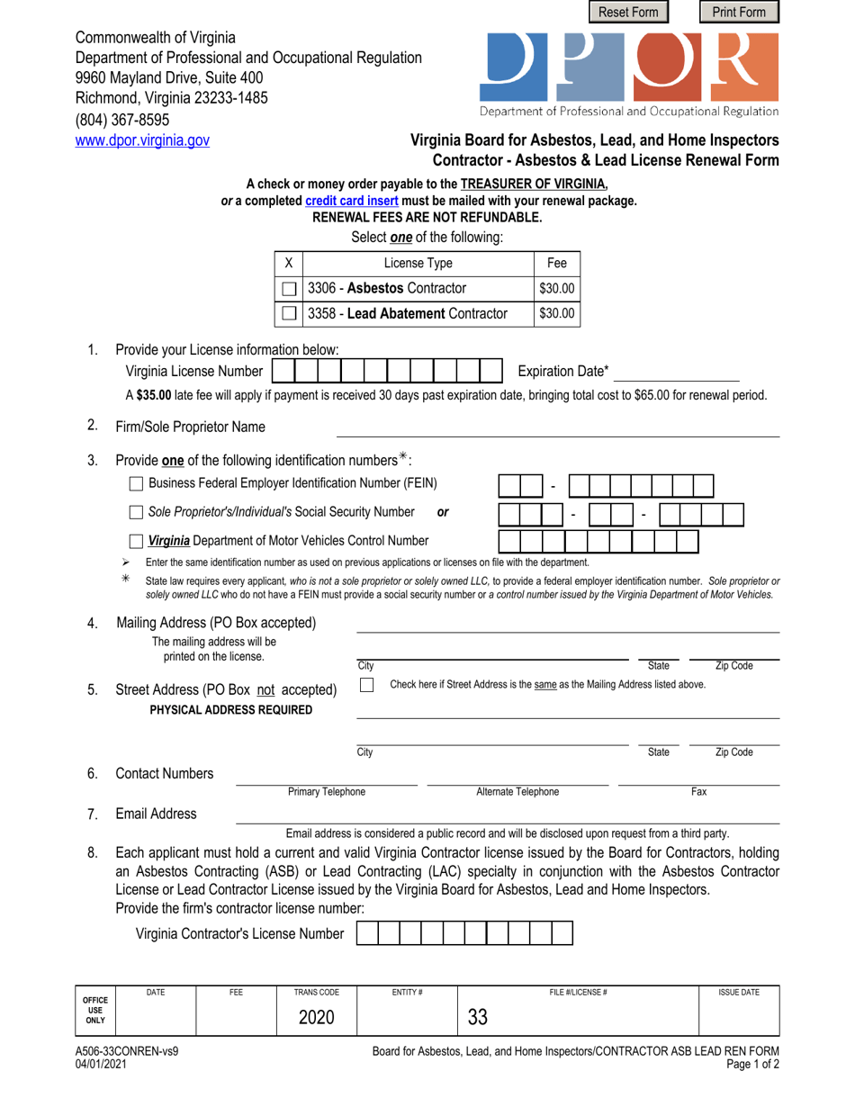 Form A506-33CONREN Contractor - Asbestos  Lead License Renewal Form - Virginia, Page 1