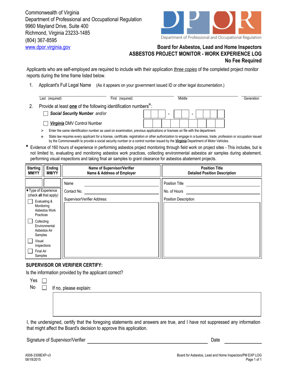 Form A506-3309EXP Asbestos Project Monitor - Work Experience Log - Virginia, Page 1