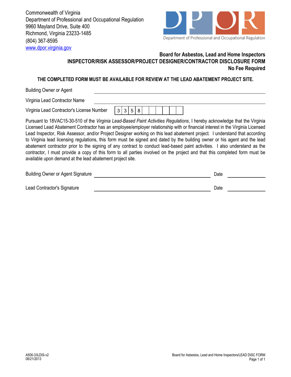 Form A506-33LDIS Inspector / Risk Assessor / Project Designer / Contractor Disclosure Form - Virginia, Page 1