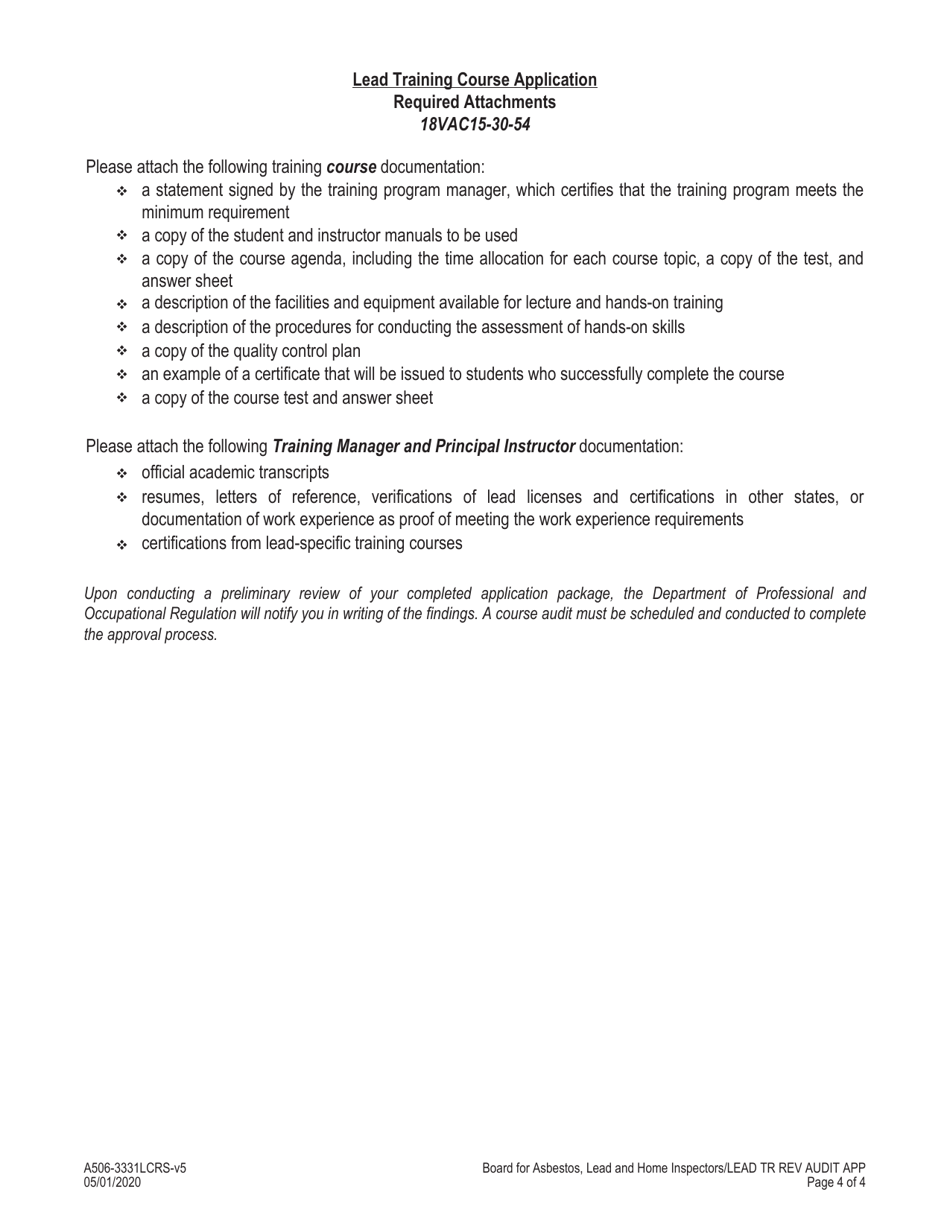 Form A506-3331LCRS Lead Training Course Accreditation Application - Virginia, Page 4