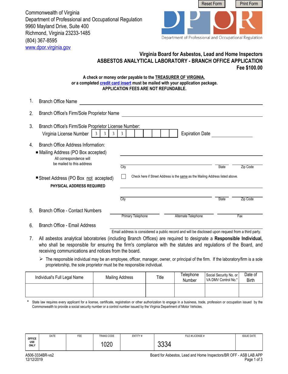 Form A506-3334BR Asbestos Analytical Laboratory - Branch Office Application - Virginia, Page 1
