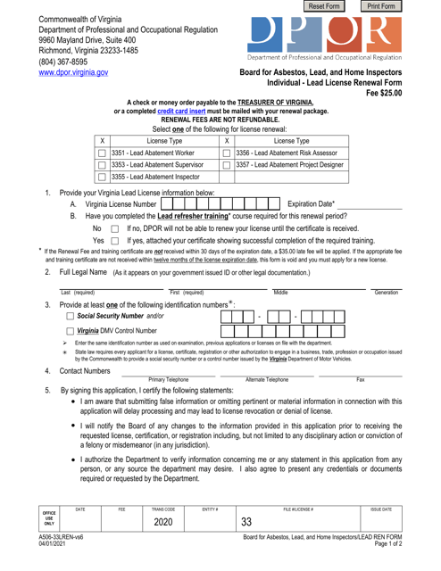 Form A506-33LREN Individual - Lead License Renewal Form - Virginia
