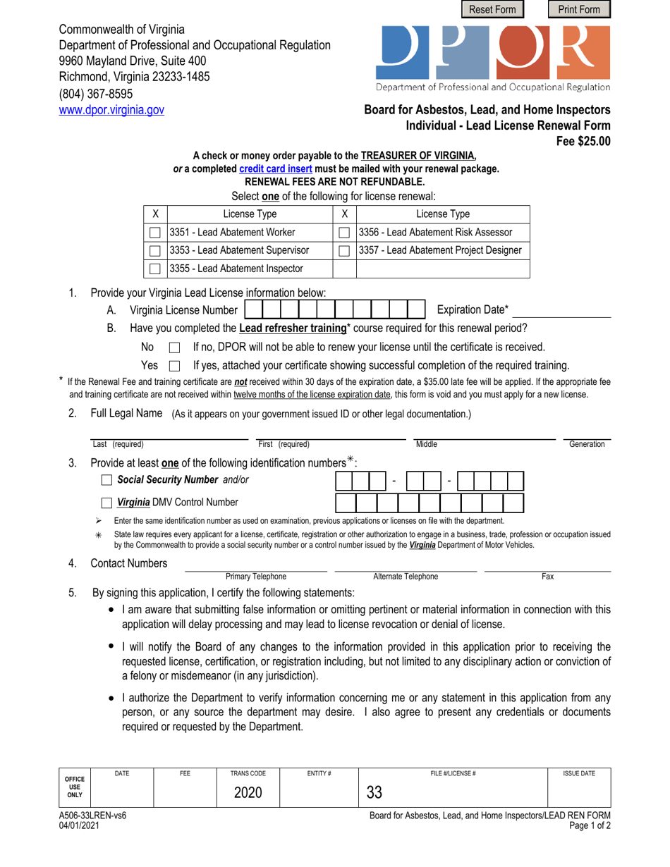 Form A506-33LREN Individual - Lead License Renewal Form - Virginia, Page 1