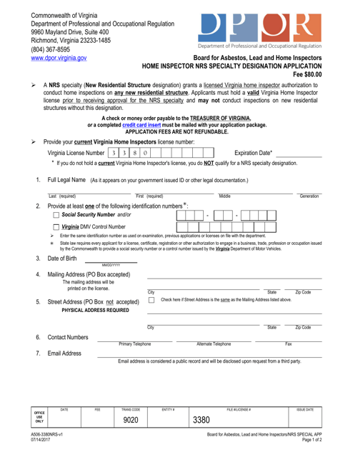 Form A506-3380NRS Home Inspector Nrs Specialty Designation Application - Virginia
