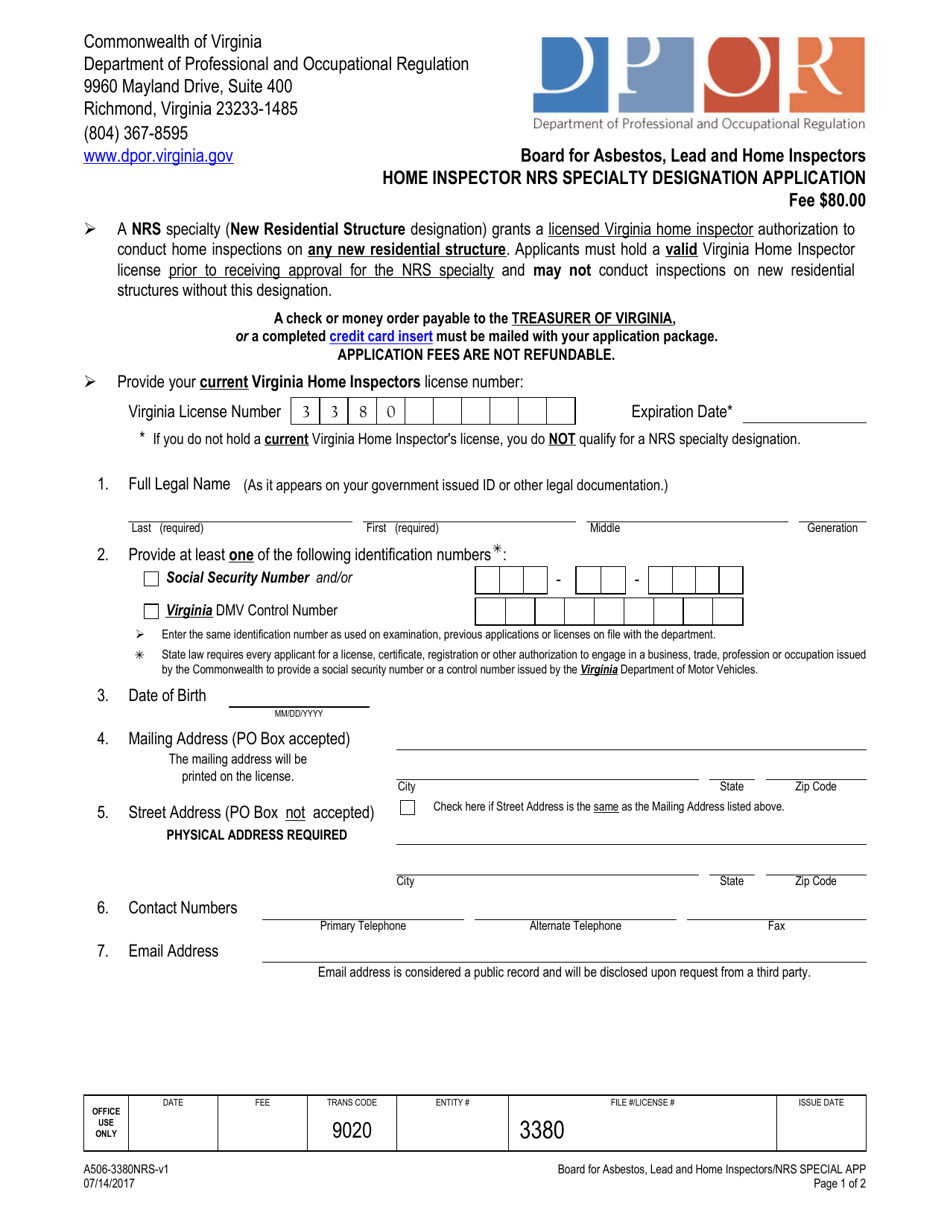 Form A506-3380NRS Home Inspector Nrs Specialty Designation Application - Virginia, Page 1