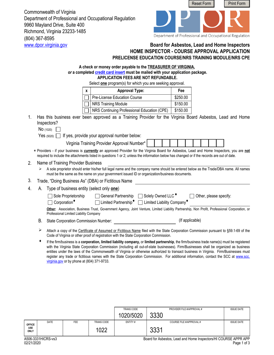 Form A506-3331HICRS Home Inspector - Course Approval Application - Prelicense Education Course / Nrs Training Module / Nrs Cpe - Virginia, Page 1