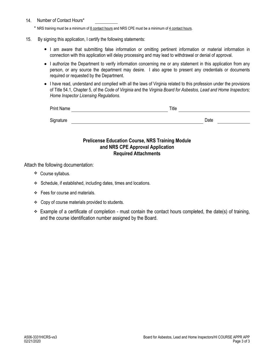 Form A506-3331HICRS Home Inspector - Course Approval Application - Prelicense Education Course / Nrs Training Module / Nrs Cpe - Virginia, Page 3