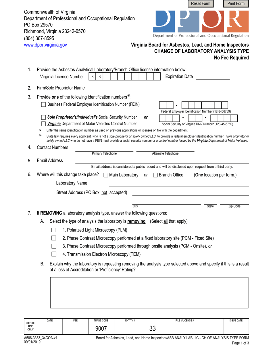 Form A506-3333_34COA Change of Laboratory Analysis Type - Virginia, Page 1