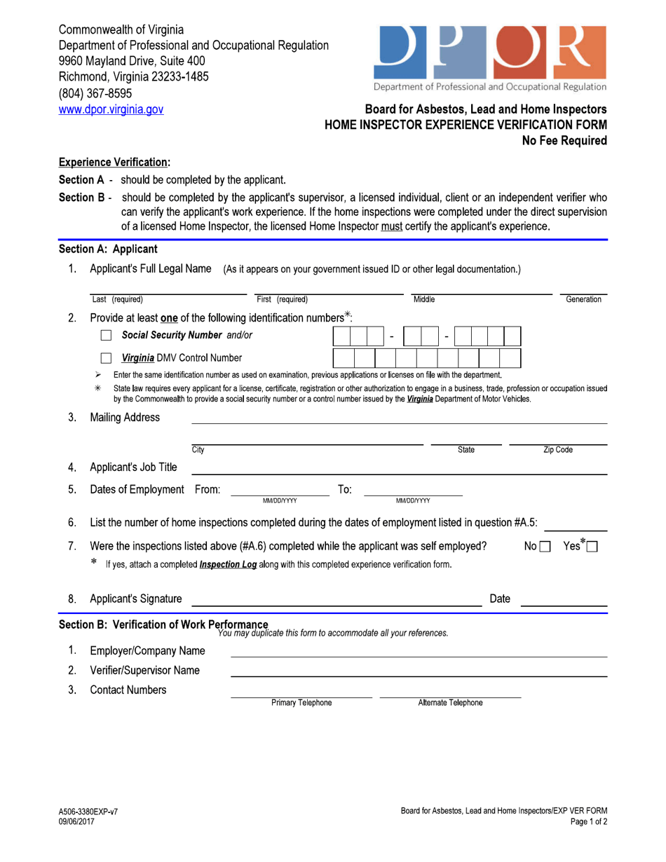 Form A506-3380EXP Home Inspector Experience Verification Form - Virginia, Page 1