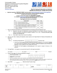 Form A440-2101LIC Hearing Aid Specialist License Application - Virginia