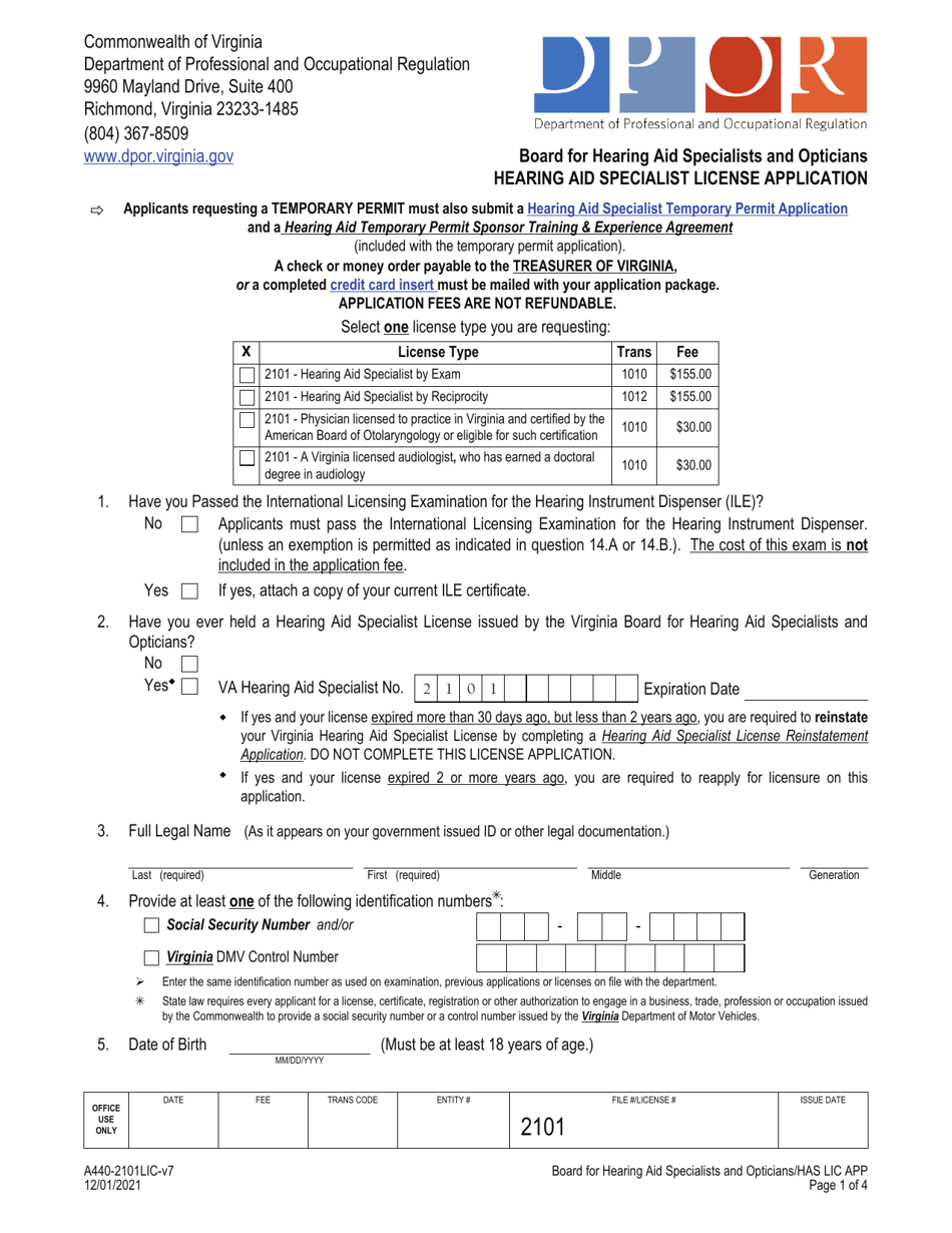 Form A440-2101LIC Hearing Aid Specialist License Application - Virginia, Page 1