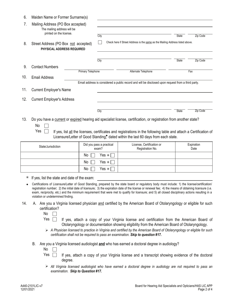 Form A440-2101LIC Hearing Aid Specialist License Application - Virginia, Page 2