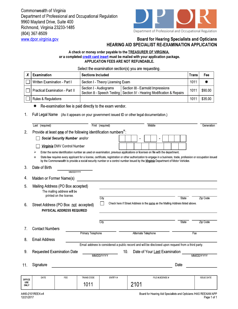 Form A440-2101REEX Hearing Aid Specialist Re-examination Application - Virginia, Page 1