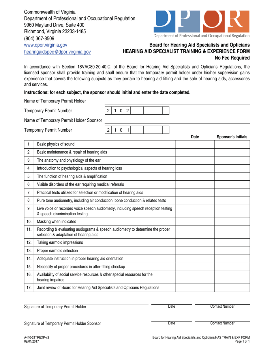 Form A440-21TREXP Hearing Aid Specialist Training  Experience Form - Virginia, Page 1