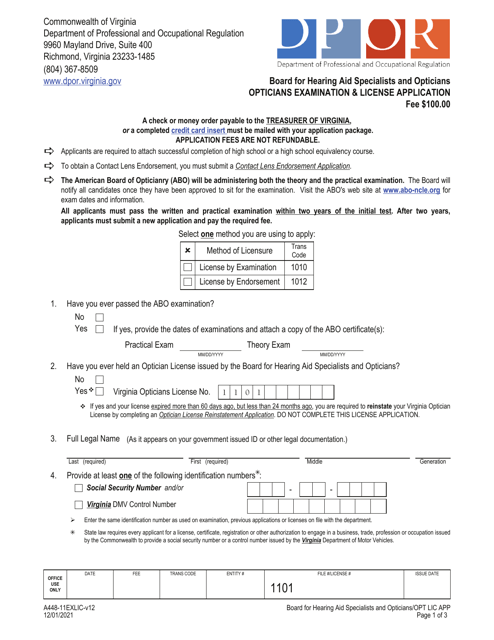 Form A448-11EXLIC Opticians Examination & License Application - Virginia