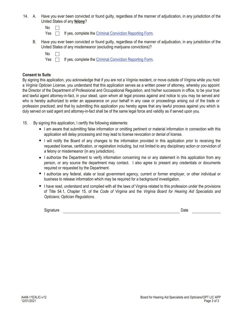 Form A448-11EXLIC Opticians Examination  License Application - Virginia, Page 3
