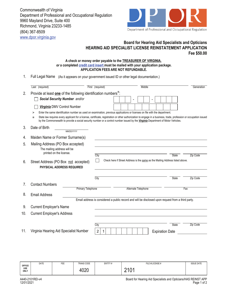 Form A440-2101REI Hearing Aid Specialist License Reinstatement Application - Virginia, Page 1