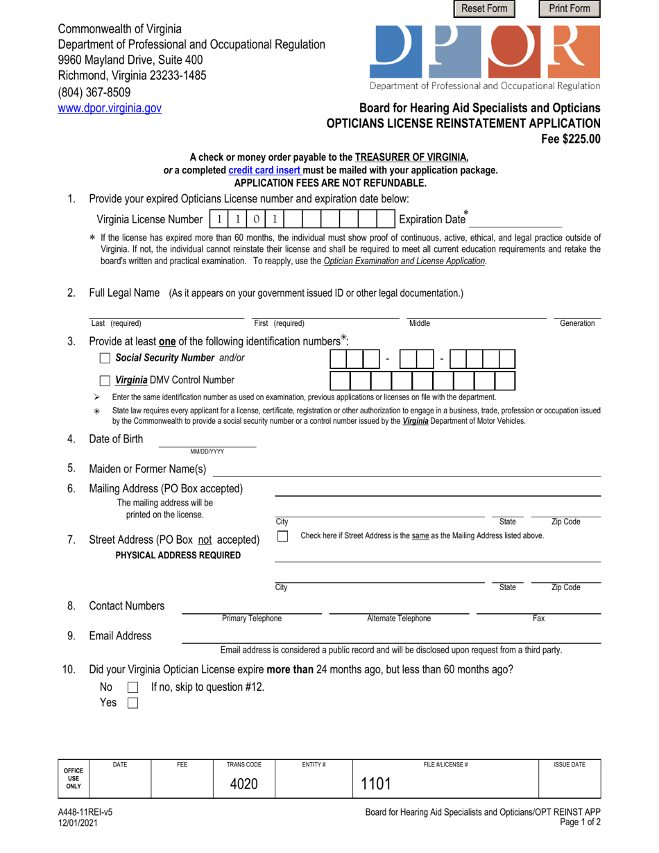 Form A448-11REI Opticians License Reinstatement Application - Virginia, Page 1