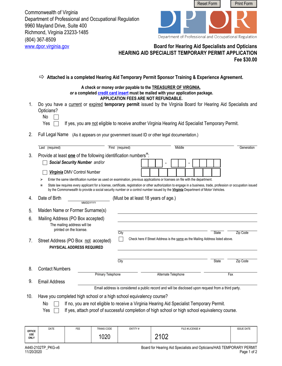 Form A440-2102TP_PKG Hearing Aid Specialist Temporary Permit Application - Virginia, Page 1