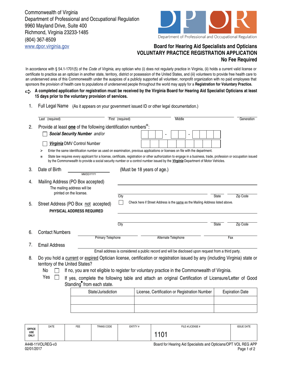 Form A448-11VOLREG Voluntary Practice Registration Application - Virginia, Page 1