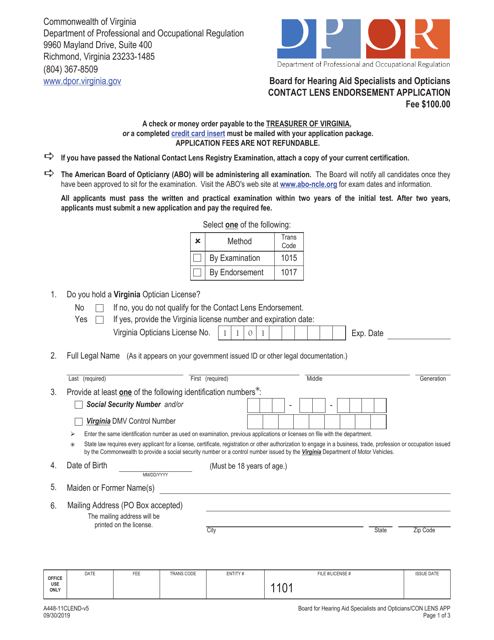 Form A448-11CLEND Contact Lens Endorsement Application - Virginia